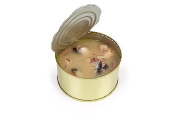 Open tin can of canned fish in its own juice