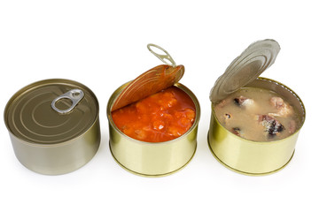 Sealed and two open different tin cans of canned fish