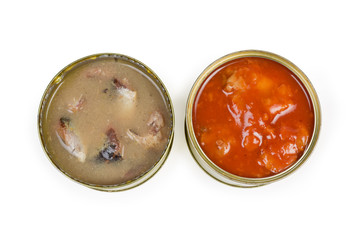 Top view of two open canned fish with different sauces