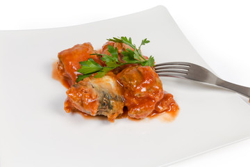 Canned fish in tomato sauce on dish close-up