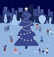 Fototapeta na wymiar People at christmas tree. Crowd celebrate christmas and new year winter holidays on snowy city square. Xmas holidaying vector concept. Illustration christmas city, winter urban event xmas