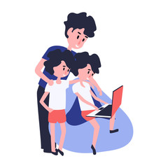 Two boys' twins playing laptop, father watching children play. Flat vector illustration.