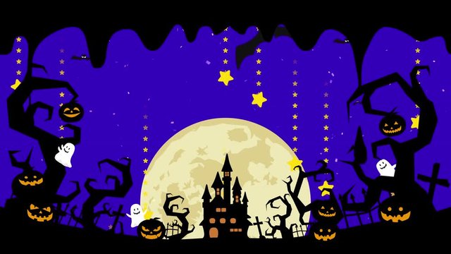 Halloween illustration with copyspace. Melted space for creative design. Liquid drop flows on halloween loop animation. Mystic pumpkins, ghost and castle in forest. Black bats flying.