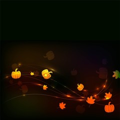 Glowing pumpkins and leaves on a dark background.  Halloween vector background, Thanksgiving or Autumn