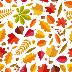 Autumn leaves pattern. Abstract repeating fall leaf, colorful foliage texture for wallpaper and gift cards, seamless vector print. Illustration pattern botany dry leaf, forest foliage plant