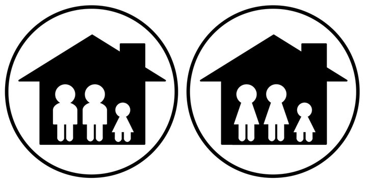 A set of a family in a house with daughter. One is fathers and one is mothers. Simply flat design isolated on white background. A symbolic icon graphic for web, logo, app, banner and etc.