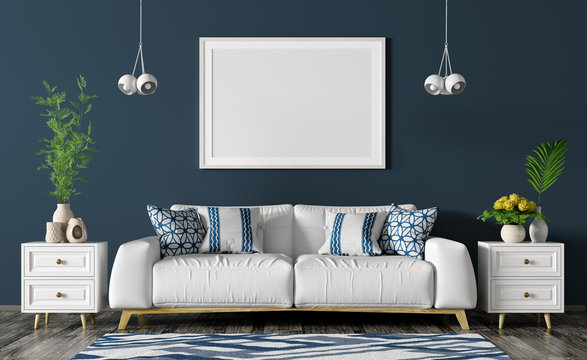 Interior of living room with white sofa, two chests and empty mock up poster 3d rendering