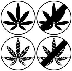 Fototapeta na wymiar A set of a marijuana sign, one is prohibited and one is not prohibited. Simply flat design isolated on white background. A symbolic icon graphic for web, logo, app, banner and etc.