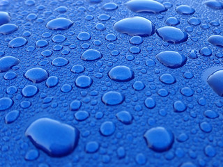 Drops of water on blue metal
