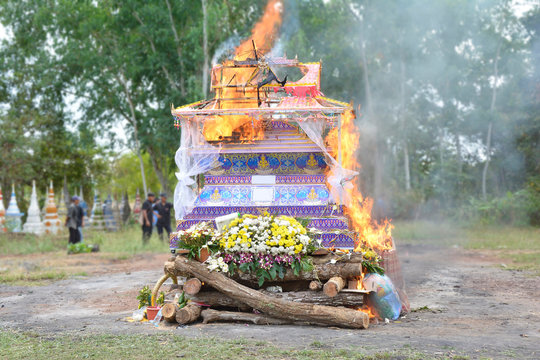Cremate death in Thailand, Funeral of the villager, burning with firewood in the forest cemetery.