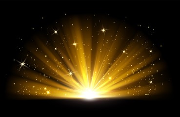 Light effect. Vector shining golden bright light. Gold shine burst with sparkles illustration isolated on black background. Light effect glow, bright gold shine © MicroOne