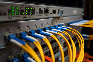 Fibre cables pluged in to a network switch