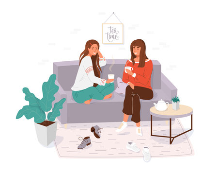 Two young women spending time together. Girls cosy sitting on the couch, talking and holding cup tea, coffee. Home or cafe style modern vector illustration