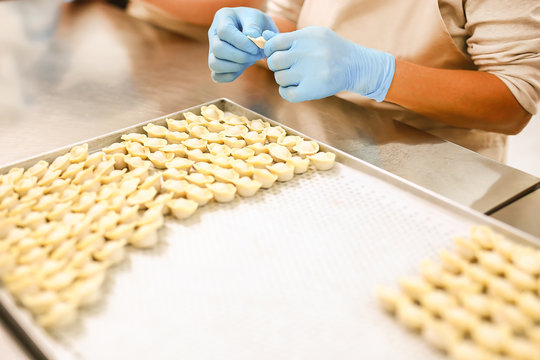 Dumplings manufacturing process. Hands of employers in blue rubber gloves and damplings on tray covered with wax paper.