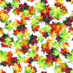Naklejka na ściany i meble Seamless pattern with autumn maple leaves. Watercolor design for fabric, packaging, paper. Hand drawn