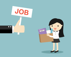 Business concept, Hand offers job to business woman. Vector illustration.