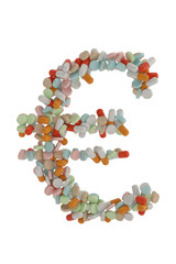 Currency symbol made from pills. Isolated on white background. 3d illustration
