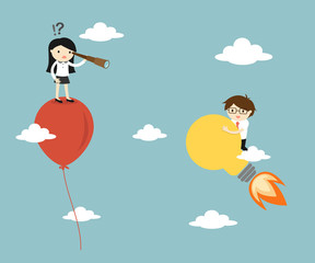 Business concept, Business woman use telescope seeing another businessman on the light bulb. Vector illustration.