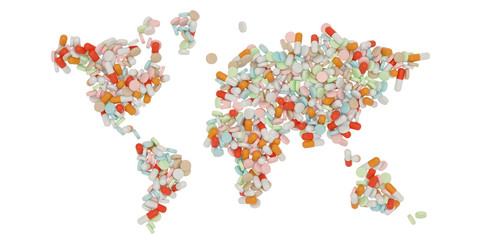 World map made of pills. Isolated on white background. 3d illustration