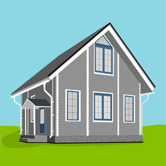 Flat drawing of a large house. Cottage building with Windows. Red roof. Isolated. Vector