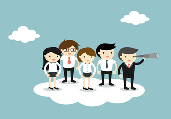 Group of business people standing on the cloud following boss who using a telescope. Vector illustration.