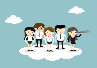 Group of business people standing on the cloud following boss who using a telescope. Vector illustration.