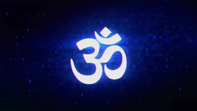 Hinduism, meditation, om, yoga hindu symbol, indian religion Symbol Abstract Digital Pixel Noise Glitch Error Video Damage Signal Loop 4K Animation.