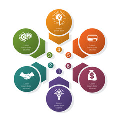 Colorful template for infographics from arrows and circles with shadow, arranged in circle, for 6 positions