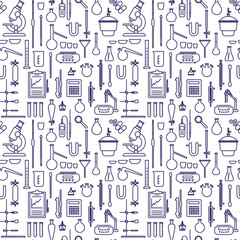 Vector seamless monochrome pattern with laboratory equipments and instruments in a flat style with a wide outline. Wallpaper with line icons on the theme of chemistry.