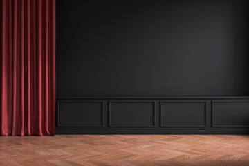 Black classic empty interior with red curtain, moldings and wooden floor. 3d render illustration mockup.