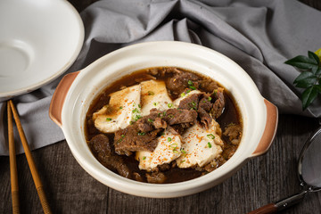 Spicy beef and tofu Japanese suki in the traditional Japanese restaurant