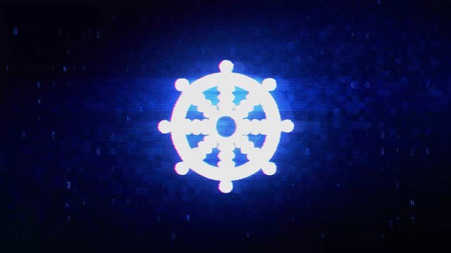 Wheel of Dharma Buddhism religion Symbol Abstract Digital Pixel Noise Glitch Error Video Damage Signal Loop 4K Animation.
