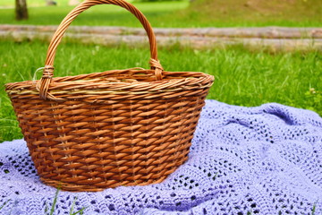 Fototapeta na wymiar Wicker basket with a plaid on green grass