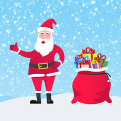Santa Claus with gift bag and present gifts standing up with falling snow flat style design vector illustration. Merry christmas and happy new year symbols.
