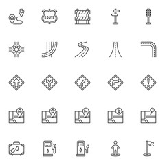 Road trip line icons set. linear style symbols collection, outline signs pack. vector graphics. Set includes icons as Home address, gps navigation pin, map marker, hotel location, crossroad, highway