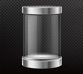 Glass cylinder capsule, empty round showcase, exhibit transparent display box with steel cap, podium isolated 3d realistic vector illustration. Safety container, product presentation, packaging mockup - obrazy, fototapety, plakaty