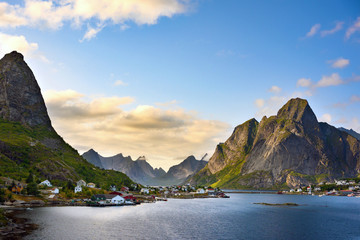 View point of the village Reine in the daytime during the hot season Is a popular place in the Norwegian Lofoten Islands