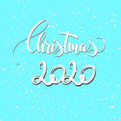Christmas 2020 greeting card. Christmas letering text on blue background.