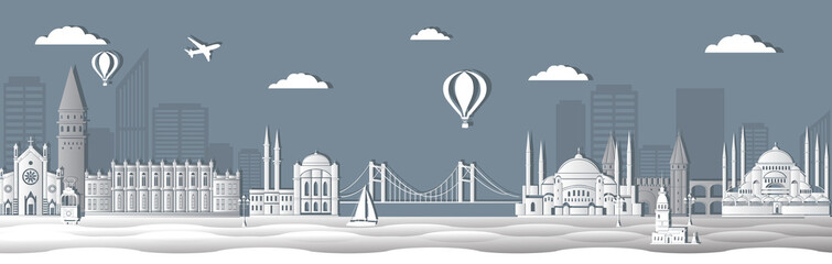 Panorama of Istanbul paper art style vector illustration. Istanbul architecture. Cartoon Turkey symbols and objects. Historical sights. Paper city. Paper cut style Istanbul city composition for design