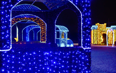 Train made of light bulbs as a Christmas decoration