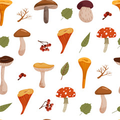 Autumn seamless pattern with various mushrooms, rowan and leaves. Print for fabric, packaging, scrapbooking and wrapping paper. Vector illustration on white background.