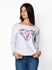 Young beautiful woman posing in new casual office blouse 