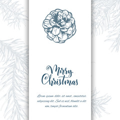 Christmas sketch hand drawn illustration with pine tree branches and cones.Vector illustration for your design. Template greeting card with pine tree branches. Engraved style illustration.