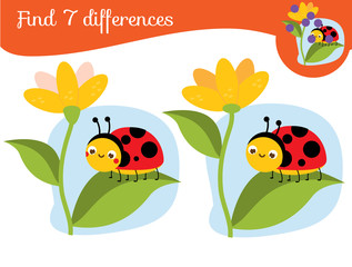 Ladybug on flower. Find the differences educational children game. Kids activity fun page.