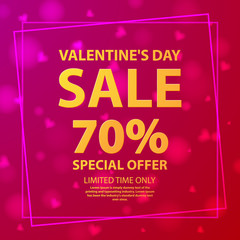 Valentine's day sale offer 70%.Shop market poster.Background pink hearts.Flyer gift vector.Holiday banner.