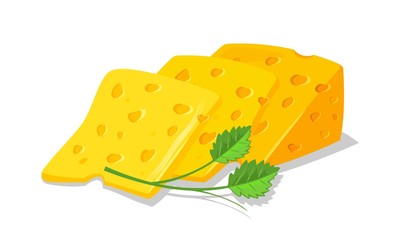 Slices of delicious swiss or dutch yellow porous cheese for toasts, sandwiches garnished with greenery. Appetizing breakfast, snack. Cartoon realistic vector illustration isolated on white background.