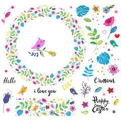 Colorful floral garland with birds, botanical elements, border and lettering isolated on white background. Vector illustration in doodle style for seasonal spring and summer design