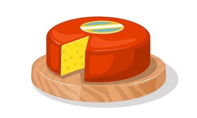 Wheel of delicious yellow holed cheese covered red wax is on round wood cutting board. Source of protein. Best for breakfast sandwiches, snack. Vector cartoon realistic isolated on white background.
