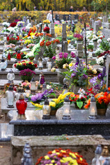 Polish traditional cemetery on the feast of all saints day at 1st November and empty space for text