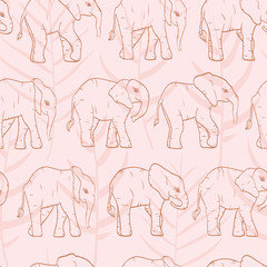 Vector Sweet Pink Forest Elephants with Palm Leaves seamless pattern background.